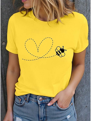  Mulheres Camiseta Imprimir Gráfico Abelhas à moda Clássico Casual Manga Curta Gola Redonda Decote Redondo Tops regulares Diário Branco Amarelo Bege Verão Primavera