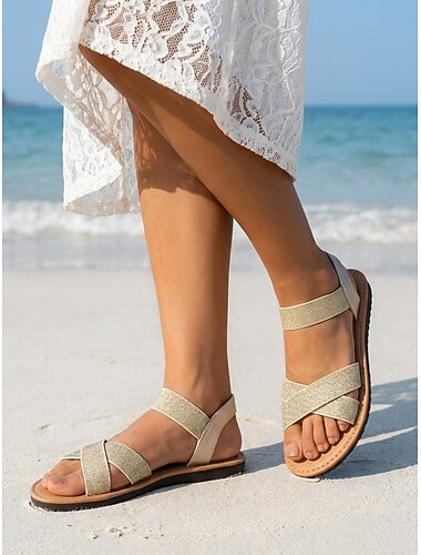  Glitzernde goldene Damensandalen mit elastischem Riemen – bequeme, flache Glitzersandalen mit gekreuzten Riemen für tropische Urlaube und Strandspaziergänge &Sommerurlaube
