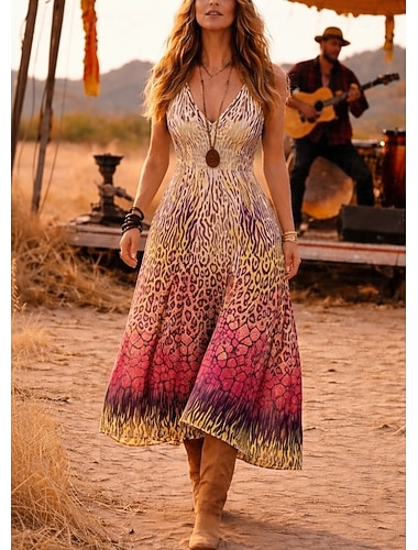 Musikfestival Damen Midikleid Western Boho Sommerkleid A-Linien-Kleid Sommerkleid schulterfrei Kleid Urlaub Party Freizeit Strandparty Urlaub Grafik Leopard geometrisches Muster ärmellos V-Ausschnitt