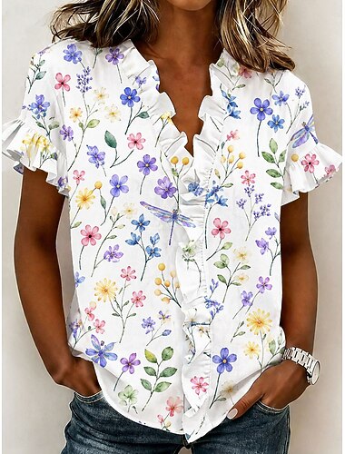  Dames Overhemd Tuniek Ruche Bloemig Grafisch Elegant Modieus Dagelijks Korte mouw V-hals Normale tops Casual Dagelijks blauw Zwart Blozend Roze Paars Zomer Lente