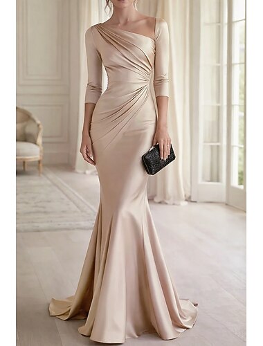  בתולת ים  חצוצרה עד הריצפה שמלות ערב אלגנטית ערב מותן אימפריה שרוול ארוך מקורזל חתונה רשמי סאטן נמתח עם קפלים צבע אחיד