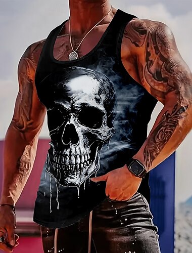 Herren-Tanktop mit rauchigem Totenkopf-Motiv, Gothic-, Biker-, Rock- und Horror-Look, ärmellos, figurbetont, für Fitness, Streetwear, Freizeit und Sommer. Größen: S, M, L, XL, XXL, XXXL