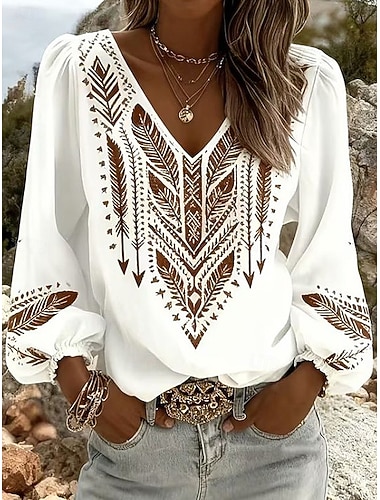  Dame Skjorte Grafisk Geometrisk Paisly Bohem Ferie Årgang Langermet V-hals Vanlige topper Daglig Ferie Ut på byen Blå Hvit Lysebrun Grønn Sommer Vår