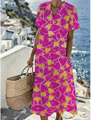  Damskie Sukienka midi Sukienka letnia Urlop Codzienny Styl plażowy Plaża Luźna Kwiaty Graficzny Krótki rękaw W serek Beżowy Chłodny róż Lato Wiosna