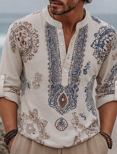  Per uomo Etnico Floreale intricato Camicia Camicia con Bottoni Maglia Henley Manica Lunga Vintage Retrò Casuale Vacanza Matrimonio Estate Primavera Collo alla coreana Colletto Mao Stampa 3D Camicia