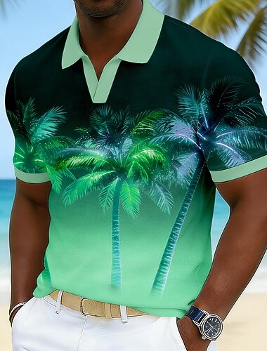  رجالي شجرة النخيل قمصان بولو هاواي كم قصير قمصان البولو V رقبة كاجوال ملجأ ملابس الرياضة مناسب للبس اليومي ملابس العطلة طباعة ثلاثية الأبعاد للربيع والصيف أزرق أرجواني أخضر