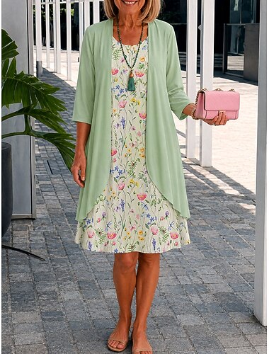  Per donna Insieme del vestito Abito a trapezio Elegante Vacanza Floreale Grafico Stratificato Stampato Abito Midi Manica 3/4 Girocollo Quotidiano Verde Estate Primavera Vestibilità regolare
