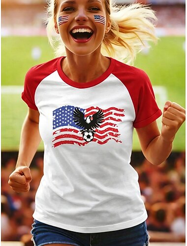  voetbalshirt voor dames met kleurblokprint, abstracte grafische stijl, casual, korte mouwen, ronde hals, normale pasvorm, casual, dagelijks gebruik, blauw, zwart, rood, groen, zomer, lente