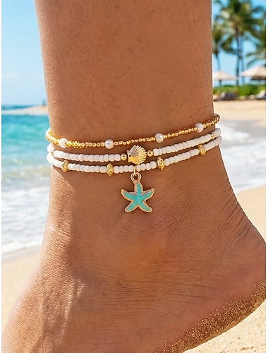  Set di cavigliere da donna in stile bohémien con ciondolo a stella marina in lega, 3 pezzi di gioielli per vacanze al mare, casual per tutti i giorni, leggeri, regolabili, accessorio estivo di tendenza