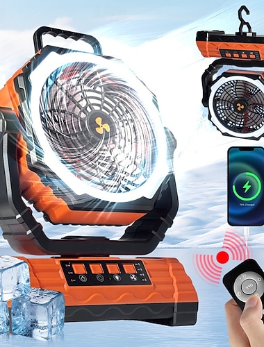  Utendørs campingvifte med sterk vind, LED-lys med høy lysstyrke, roterbar design, fjernkontroll, hengende nødvifte for bil, telt, innendørs, kontorbruk – bærbar batteridrevet ventilator