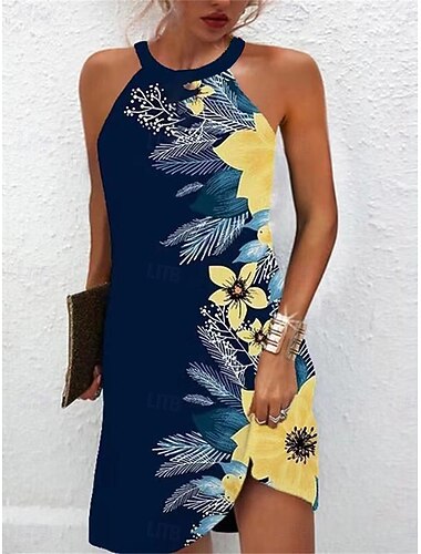  Per donna Abito estivo Abito con scollo all'americana Abito stampato Attivo Di tendenza Streetwear Esterno Da mare Giornaliero Standard Motivo cashemire Senza maniche Halter Neck Giallo Blu reale Blu