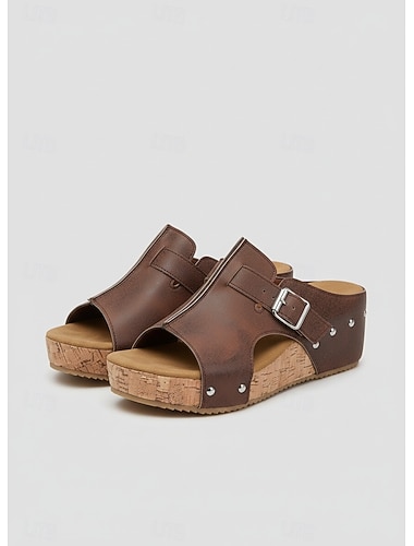  Dames zwarte wedge slippers met studs - casual schoenen met gespdetails en kurken zool, ideaal voor parkbezoekjes, brunchafspraken, winkelen en gezellige terrasjes.