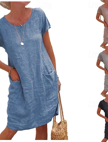  Damen Minikleid Freizeitkleid T-Shirt-Kleid Kleid aus Leinenimitat Mode Modern Täglich Urlaub Ausgehen Lässiger Schnitt Einfach Kurzarm Rundhalsausschnitt Schwarz Khaki Grau Leicht Blau Sommer