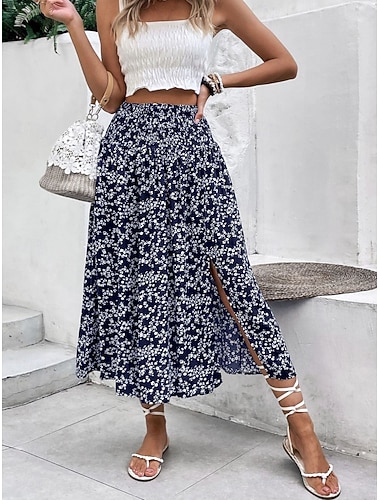  Damen Urlaubsrock Mode Lässig Midi Hohe Taille Röcke Blumen Druck Gespleißte Enden Mikroelastisch Täglich Straße Schwarz Marineblau Grün Sommer Polyester