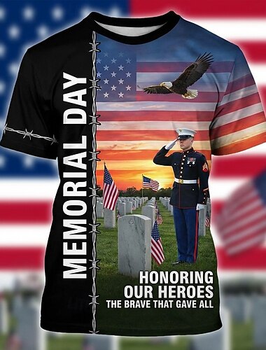  Memorial Day "Eerbetoon aan onze helden" patriottisch T-shirt voor heren met een saluerende soldaat, ronde hals, korte mouwen, eerbetoon aan veteranen, cadeau, designer kleding.