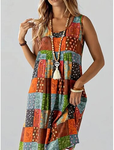  Per donna Mini abito Abito Boho Vestito Casual Vestito Canotta Vintage africano Quotidiano Vacanza Uscire Vestibilità regolare Geometrico Blocco di colori Senza Maniche Girocollo Arcobaleno Primavera