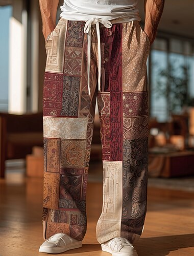  Homens Geométrica Bloco de cor Retalhos Calças Calças largas Cintura Média Boho Vintage retrô Casa Ao ar livre Férias Com Cordão Cintura elástica Perna larga Verão Primavera Impressão 3D Azul Amarelo