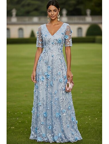  A-linje Klänningar Golvlång Cocktail klänning Klänning till brudens mor Kortärmad V-hals Elegant Vintage Lyxig Formell Bröllopsgäst Kentucky Derby Spets Tyll med Blomtryck 3D-blommor Broderad