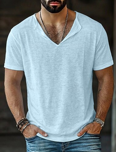  Homme T-shirt T-shirt en lin Manches courtes Col en V Été Uni Mode Designer Basique Flexible Occasionnel Vacances Rue Bleu Noir Blanche T-shirt haut de gamme pour homme