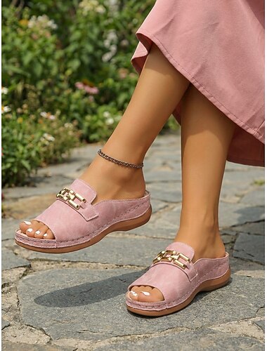  Rosa träskor för kvinnor – handsydda komfortsandaler med öppen tå och metallspänne för trädgården och resor &vardagskläder