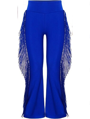  Calça feminina azul royal de cintura alta e modelagem flare com franjas para dança latina de salão. &salsa