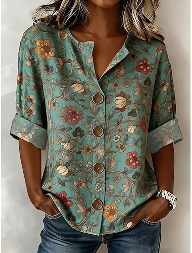  Mulheres Camisa Social Túnica Tops de verão Botões Gráfico Geométrica Abstrato Férias Diário Manga Longa Decote V Tops longos Diário Feriado Para Noite Laranja Verde Verão Primavera