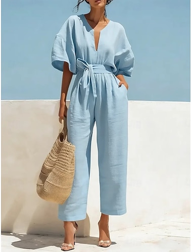  Damen Normal Overall Aktiv Einfarbig Dreiviertelarm Weites Bein V Ausschnitt Schnürung Tasche Täglich Urlaub Lässiger Schnitt Blau Schwarz Weiß Sommer