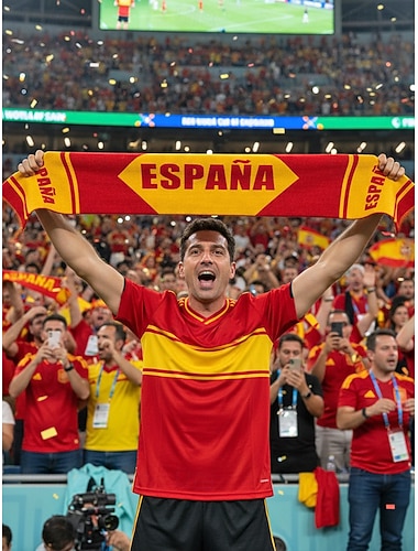  Herenhanddoek/sjaal van polyester met Spaanse vlagprint, zachte sjaal voor voetbalfans, ideaal voor het aanmoedigen van voetbalwedstrijden, stadionbezoek, sportevenementen en dagelijks gebruik.