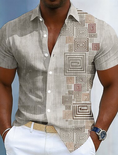  Herren Geometrisch Ethnisch Griechischer Schlüssel Hemd Knopfhemd Kurzarm Modisch lässig Täglich Outdoor Urlaub Sommer Frühling Umlegekragen 3D-Druck Leinenähnliches Hemd Blau Gelb Grau