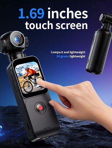  4k handhållen actionkamera, 1,69" HD-pekskärm för vloggning, fickkamera med 180° roterbart objektiv, wifi &6-axlig stabilisering, 84g lätt bärbar videoinspelare för YouTube TikTok