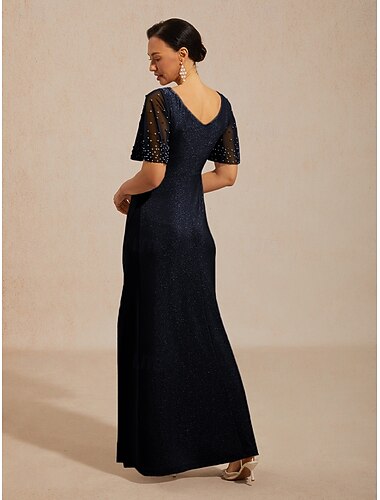  Dames Maxi-jurk A lijn jurk Empire taille jurken Elegant Bruiloft gast Cocktailparty Schitteren Sierstenen Kunstdiamanten Normale pasvorm Effen Kleur Korte mouw Strakke ronde hals Marineblauw