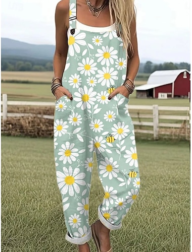  Damen Overall Aktiv Blumen Ärmellos Ärmellos Quadrathals Tasche Druck Täglich Urlaub Lässiger Schnitt Weiß Hellgrün Purpur Sommer