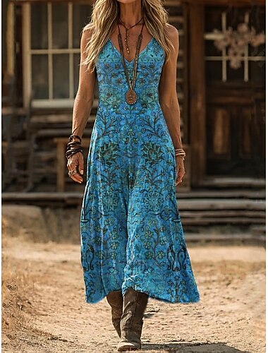  Per donna Abito Lungo Maxi Abito Abito Boho Abito Vintage Vestito Casual Vintage Ferie Vestibilità comoda Floreale Senza Maniche Scollo a V Blu Rosso Beige Estate Primavera