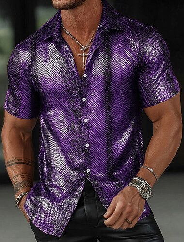  Herr Geometrisk Ormskinn Gradientfärg Skjorta Satinskjorta Knapp upp skjorta Kortärmad Vintage retro Dagligen Streetwear Semester Sommar Vår Nedvikt 3D-utskrift krage skjortor Purpur Brun Grön