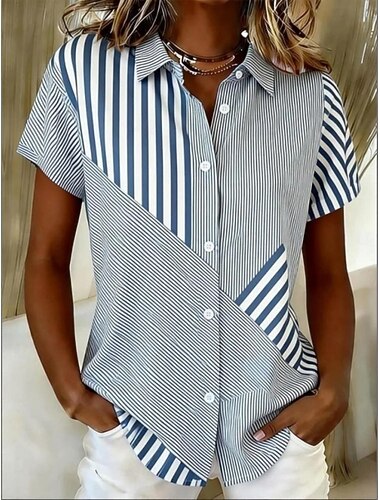  Per donna Camicia Grafico Geometrico A righe Vintage Tropicale Elegante Manica Corta Colletto a Camicia Top Regolari Casuale Quotidiano Bianco e blu Bianco + giallo Estate Primavera