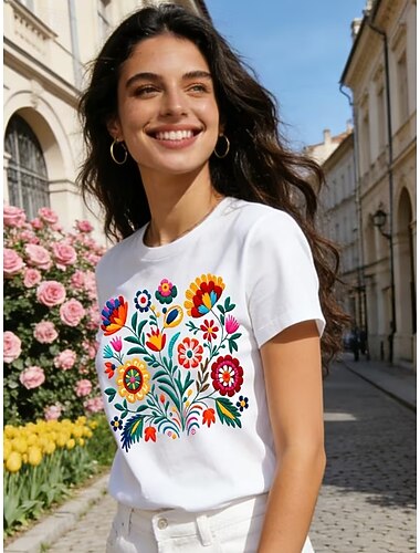  نسائي 100% Cotton تي شيرت طباعة ورد الرسم النباتات عتيق أنيق كلاسيكي كم قصير رقبة عالية مدورة قمصان عادية فضفاض مناسب للبس اليومي عطلة نهاية الاسبوع أبيض الصيف الربيع