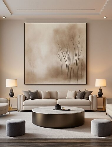 Tableau sur toile fait main, décor mural représentant un paysage brumeux serein avec des arbres dénudés, dans des tons sépia. Illustration réaliste d'une forêt d'hiver décorative pour le salon.