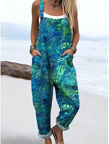  Damen Overall Aktiv Blumen Ärmellos Ärmellos Weites Bein Quadrathals Tasche Druck Täglich Strand Lässiger Schnitt Blau Orange Grün Sommer