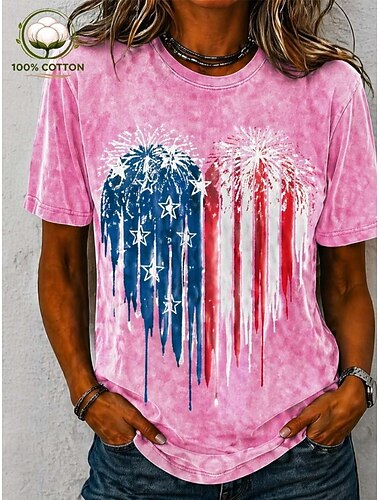  Amerykański Dzień Niepodległości Koszulka damska 100% bawełna T-shirt Druk Graficzny Flaga Abstrakcyjne Stylowe Podstawowe Klasyczne Krótki rękaw Okrągły dekolt Zwykłe Topy Casual Codzienne Niebieska