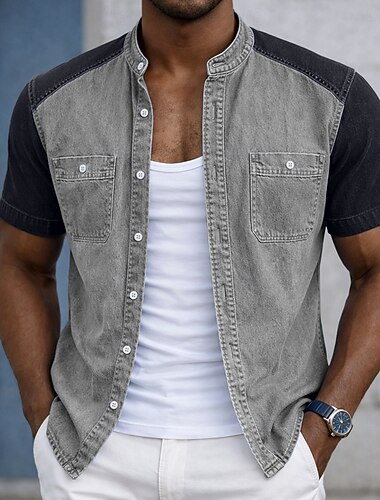  Homme Chemise Chemise Décontractée Chemise délavée Teinture en vêtement Chemise 100% coton délavée à l'acide Bleu Rose Claire Vert Abricot Gris Manche Courte Uni Col grand-père Occasionnel Quotidien