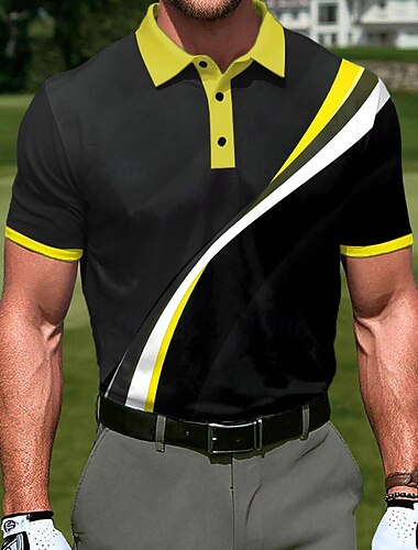  男性用 幾何学的な ゴルフ スポーツポロシャツ 半袖 ポロシャツ 襟付きシャツ カジュアル アスレイジャー 祝日 3Dプリント ボタン 高通気性メッシュ 夏 春 ブルー イエロー ルビーレッド