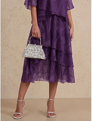  Dam Chiffongkjol Elegant Midi Mellanhög midja Kjolar Multi lager Oelastisk Bröllopsgäst Royal Purple Sommar