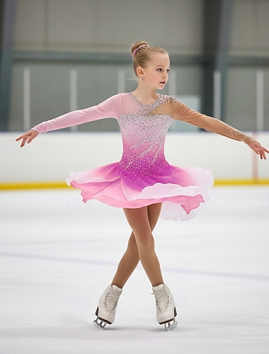  Kűrruha Lány Klizanje na ledu Ruhák Rózsaszín Kollázs Aszimmetrikus szegély Nyúlós Edzés Verseny Kűrruhák Klasszikus Kristály / Strassz Hosszú ujj Jégkorcsolyázás Műkorcsolyázás
