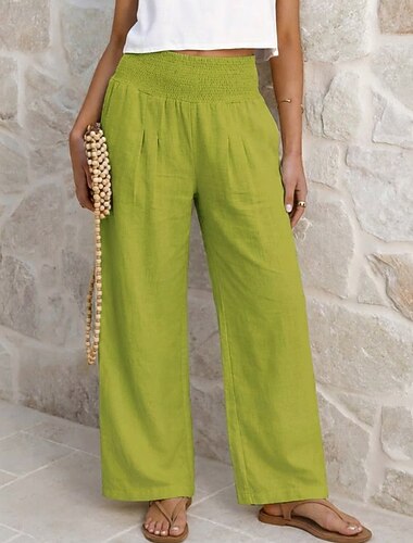  Damen Hose aus Baumwollleinen Weites Bein Chinos Sommerhose Urlaub Streetwear Basic Volle Länge Mittlere Taillenlinie Einfach Tasche Elastischer Bund Komfort Bequem Unelastisch Täglich Outdoor Straße