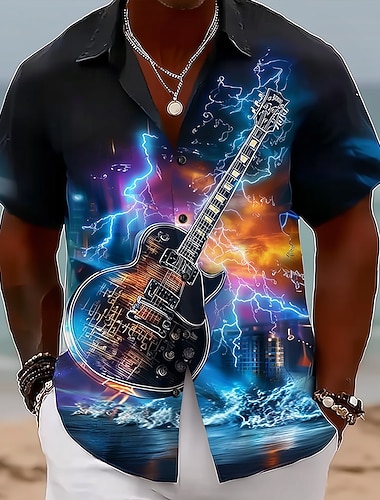  Herre Lyn Gitar Musikkinstrument Skjorte Skjorte med knapper Kortermet Vintage retro musikk festival Ferie Sommer Vår Aftæpning 3D-utskrift krage skjorter Svart 1 Sort 2 Svart