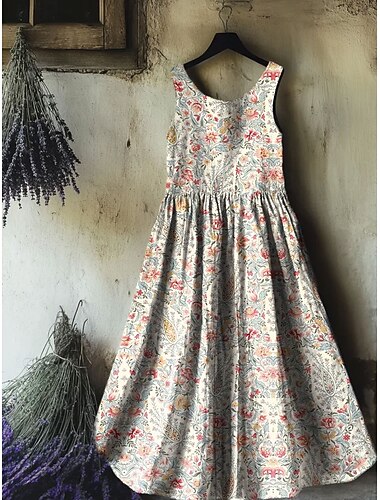  Naisten Polvipituinen mekko Boho-mekko Kesämekko Rento mekko Etninen mekko Tyylikäs Böömi Loma Hiekkaranta Pyhäpäivä Deitti Normaali Kukka Kuvitettu Hihaton Tiukka pyöreä kaula-aukko Valkoinen