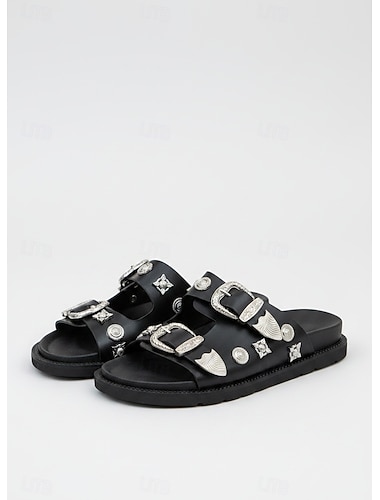  naisten western-vaikutteiset mustat slidesandaalit - hopeanväriset solkikoristeiset olkaimet boho- ja rennon kesäasuihin