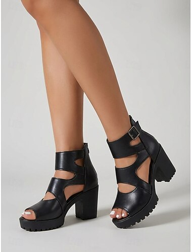  Svarta damsandaler med korsremmar - bekväma grova blockklackskor för vardagsbruk, sommarkläder &stadsvandring