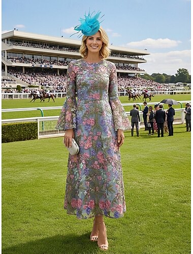  A-linje Klänningar Ankellång Cocktail klänning Bröllopsgästklänning Klänning till brudens mor Långärmad Rund hals Elegant Vintage Formell Spets Tyll med Broderad Applikationsbroderi Blomma