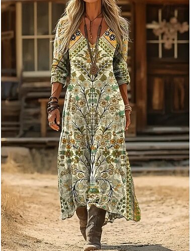  Dames Maxi-jurk Zonnejurk Zomerjurk Vakantie Casual Boho Dagelijks Normale pasvorm Bloemig Grafisch Paisley Lange mouw V-hals Zwart Rood Groen Zomer Lente